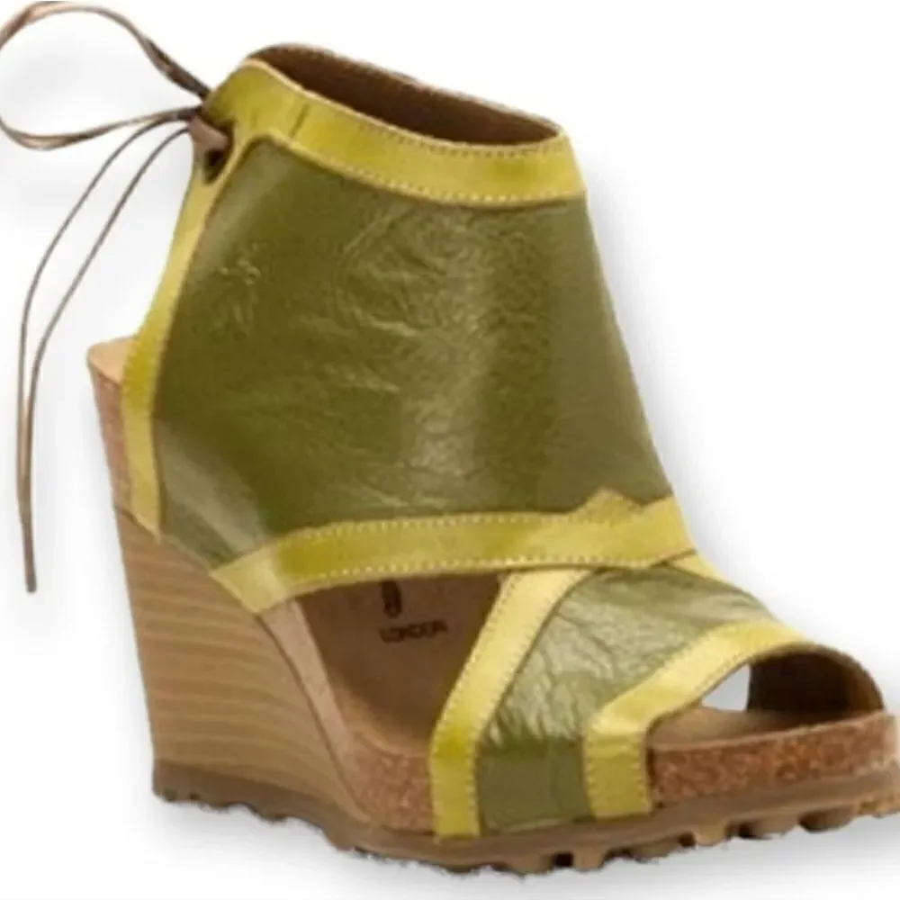 Fly London Luxe Kiwi & Olive Tieback Leather Platform Wedge Sandals Sz 36